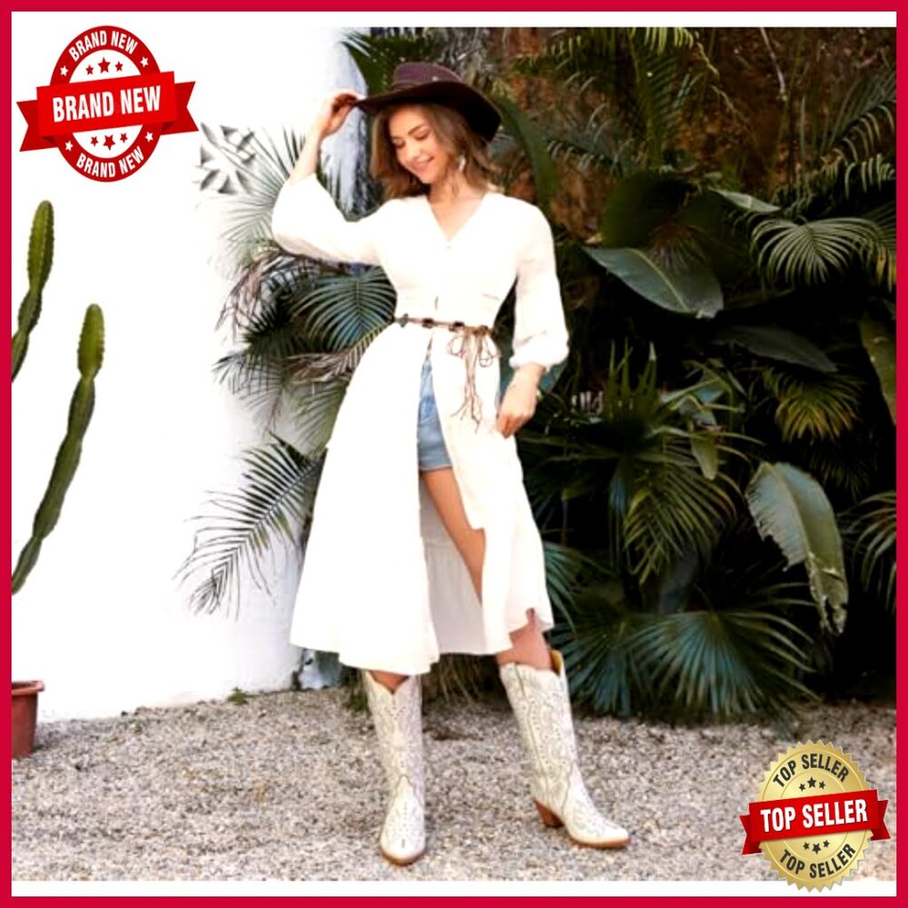 Pearl Embellished Knee High Cowboy Boots Chunky Heel Western Embroidery Pull On - Picture 3 of 7